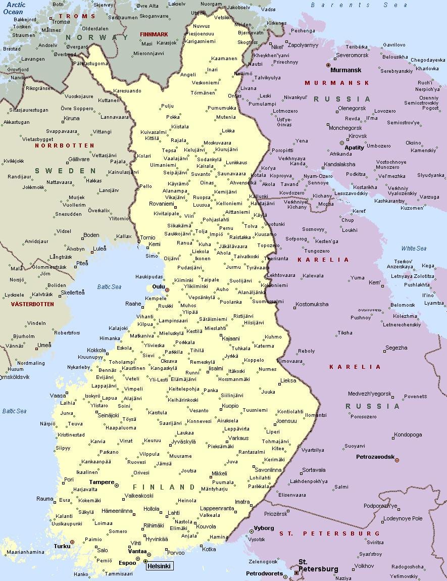 핀란드지도와 도시